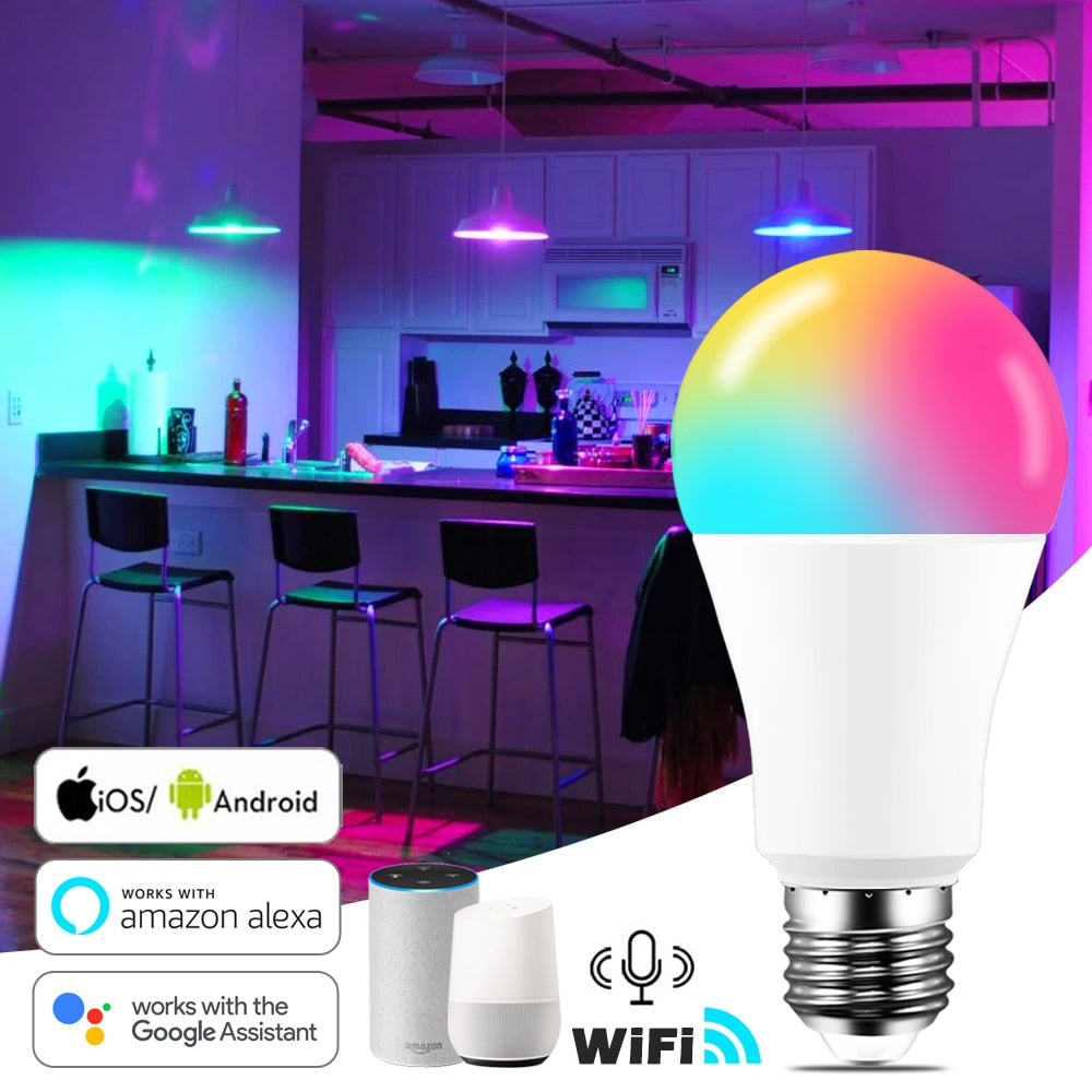 15W WiFi Smart Light Bulb B22 E27 LED RGB Lamp Work with Alexa/Google Home 85-265V RGB+White Dimmable Timer Function Magic Bulb