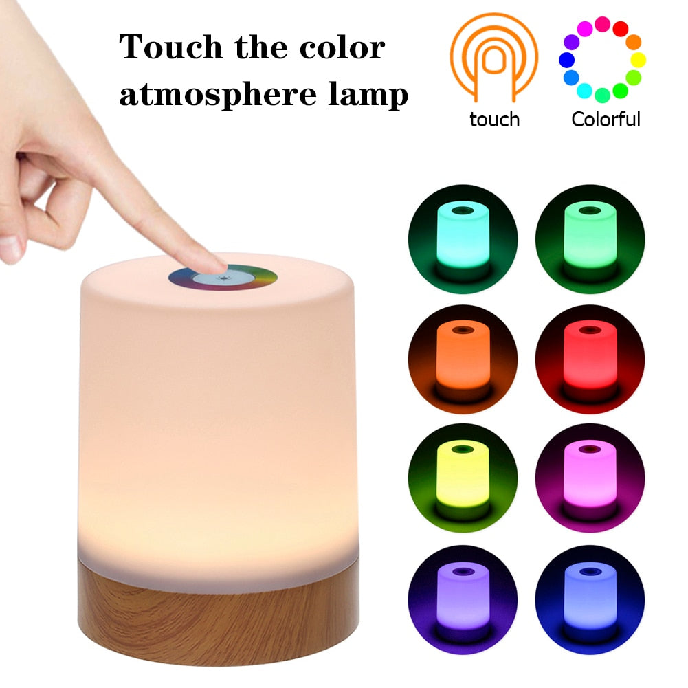 LED Touch Colorful Control Night Light Wood Grain Base Dimmable Smart Bedside Atmosphere Lamp for Children Baby Christmas Gifts