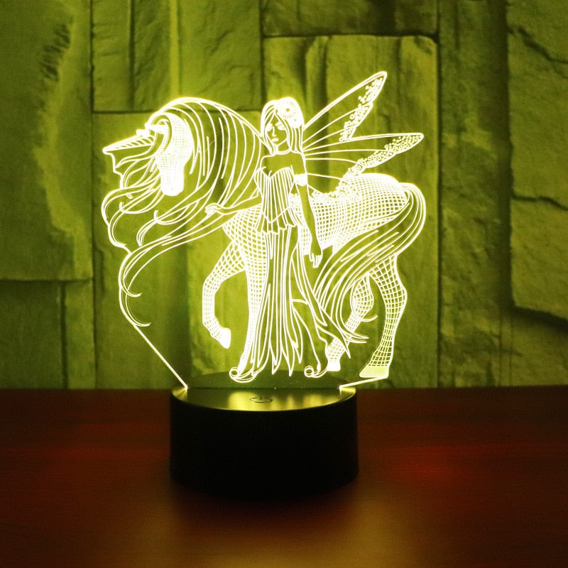 3D LED Night Light for Have Wings Unicorn and Girl with 7 Colors Light for Home Decoration Horse Lamp Amazing Visualization